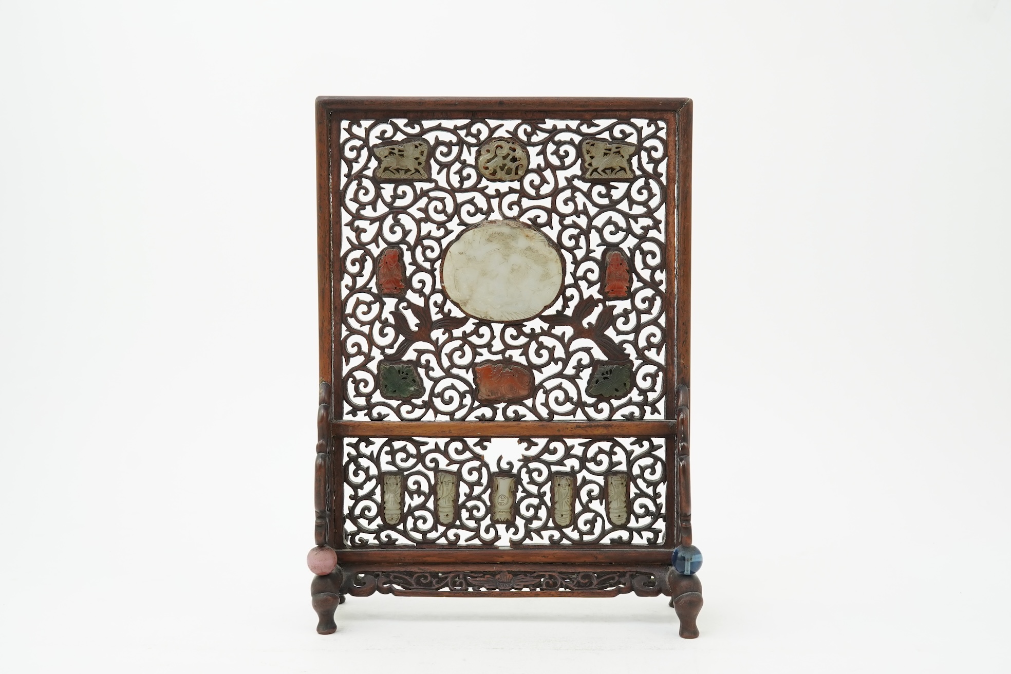 A Chinese jade and hardstone mounted hongmu table screen, late 19th/early 20th century
